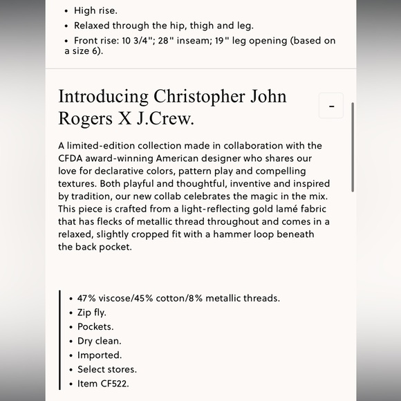 NWT Christopher John Rogers x J. CREW gold carpenter pants size 6. - Picture 7 of 7